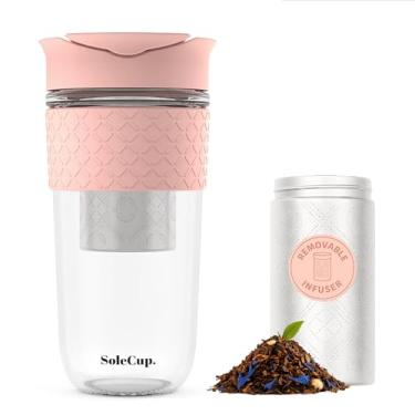 Imagem de SoleCup. Caneca de viagem grande infusor de chá solto - coador de chá removível com tampa à prova de derramamento - 530 ml sem BPA copo de café de viagem de vidro reutilizável com faixa de silicone