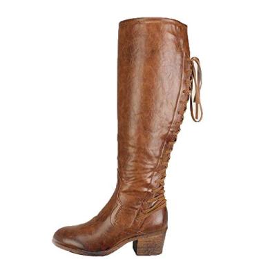 Imagem de Bigfanshu Bota feminina de cano médio de couro, com cadarço, salto alto, inverno, sexy, joelho sobre a coxa, outono, Marrom, 6