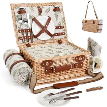 Imagem de Cesta de piquenique com cobertor e bolsa de vinho para 2, conjunto de piquenique de vime com forro isolado, cesto térmico para acampamento, casamento - folha