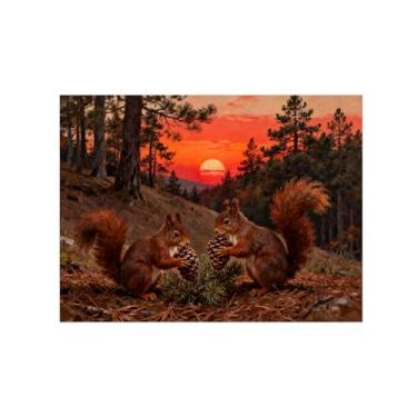 Imagem de Quadro parede outono-Esquilo sol floresta Impressões em tela paisagens-Pintura animais para sala estar decoração fazenda 60x80cm Sem Moldura