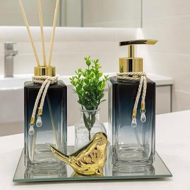 Imagem de Kit Banheiro Lavabo Completo Vidro Degrade Luxuoso Com Bandeja Vasinho Passarinho (Preto com Ouro)