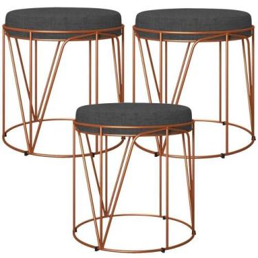 Imagem de Kit 03 Puffs Aramado Bronze Zaya L02 Linho Chumbo - DOMINIC DECOR