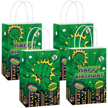 Imagem de 12 peças de artigos de festa de herói verde super temático sacos de lembrancinha de festa com alças desenhos animados heróis verdes doces sacos de presente de paisagem urbana em quadrinhos cidade