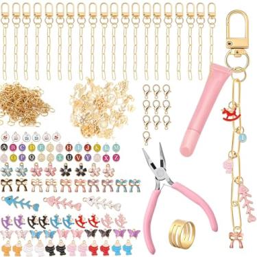 Imagem de HINGTAI Kit de fabricação de chaveiros de brilho labial com 261 peças | Conjunto completo com pingentes, correntes e ferramentas | para bolsa DIY, acessórios de brilho labial | Letras de metal e