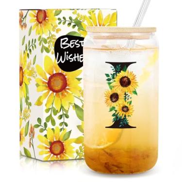 Imagem de Frerdui Presentes de aniversário para mulheres, copos de vidro iniciais com tampas e canudos, presentes de girassol para mulheres, presentes personalizados, copos de vidro de 473 ml com tampa de