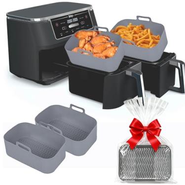 Imagem de Forros de silicone para fritadeira Ninja – Tigela reutilizável de 8 litros para Foodi DZ201 Airfryer de cesta dupla – Pacote com 2 bandejas retangulares de silicone 2025 atualizadas, seguras para