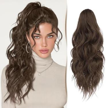 Imagem de Sidaila Extensão De Rabo Cavalo Com Garra Cacheada 18" E Cabelo Longo Ondulado, Falso Natural, Peruca Sintética, Mandíbula Para Mulheres Meninas - Marrom Misto