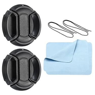 Imagem de Tampa da lente da câmera, pacote com 2 tampas de lente frontal com cordão de tampa/pano de limpeza de microfibra para lentes DSLR universais de rosca de 46 mm para Nikon, para Fujifilm, para Pentax