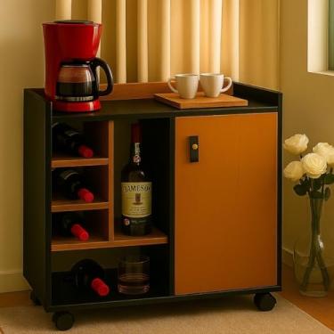 Imagem de Aparador Buffet Cantinho Do Café Com 1 Porta Nichos e Rodízios (Preto/Nature)