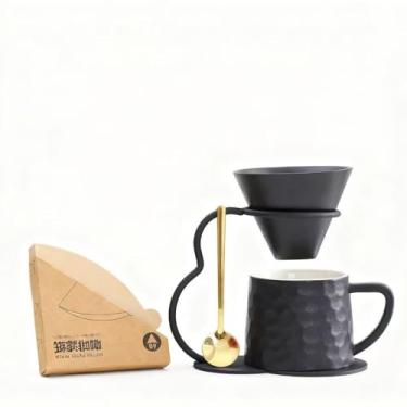 Imagem de chooguang Conjunto de cafeteira de cerâmica com filtro de papel V60, suporte de metal, 270 ml, gotejador de café, preto