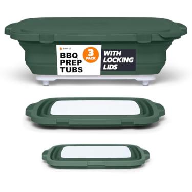 Imagem de Drip EZ Conjunto de 3 peças de banheiras dobráveis para preparação de churrasco - para preparação de refeições e armazenamento de alimentos - Inclui tábua de corte e tampa - (1) JR + (1) OG + (1) GG