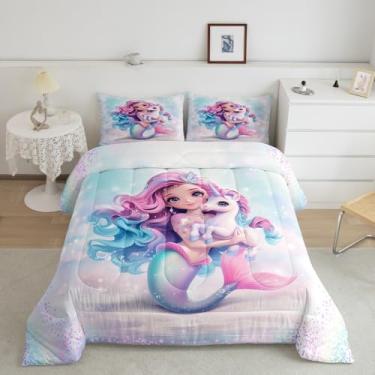 Imagem de Feelyou Conjunto de cama king com estampa de sereia bonita, unicórnio, fofo, para crianças, adultos, meninos, meninas, rosa e azul, conjunto de edredom com bolhas de purpurina, 3 peças