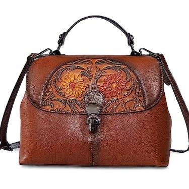Imagem de SHARPAD Bolsa feminina de couro genuíno com alça superior, feita à mão, vintage, de couro em relevo, bolsa Hobo, Marrom - 3, M