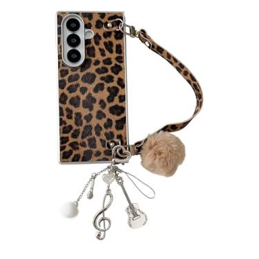 Imagem de GANGANPRO Capa de couro leopardo para Samsung Galaxy Z Fold6, capa fina à prova de choque de grau militar com pulseira de couro PU para mulheres, marrom