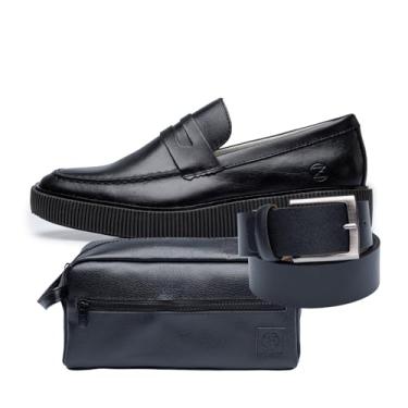 Imagem de Sapato Social Mocassim Masculino em Couro, Sola Tratorada 2cm, Estilo Elegante com Cinto e Necessaire (Black, BR, Adulto, Numérico, 38)