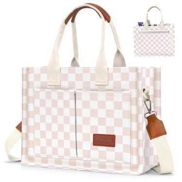Imagem de Bolsa de lona feminina com bolsos, bolsa transversal, bolsas de ombro, bolsas de trabalho casuais, bolsa de mão, Grade/rosa claro
