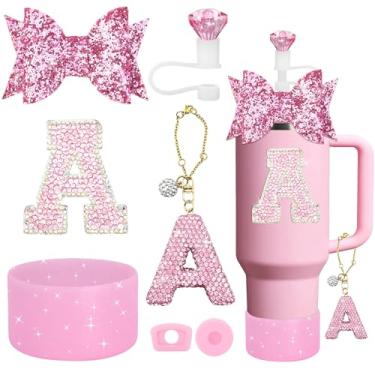 Imagem de YesMvpMvp Conjunto de acessórios de copo Stanley de 7 peças, pingente de letra para copos Stanley, incluindo canudo de diamante, canudo de laço, bota de silicone brilhante para Owala 850 g e 1,134 g