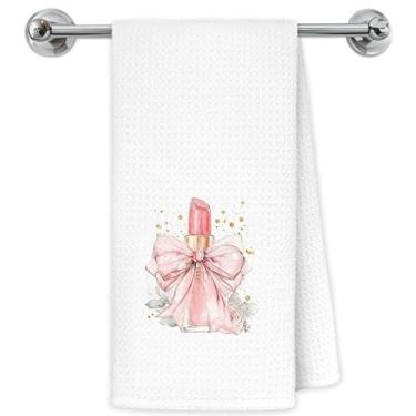 Imagem de Exqcom Toalhas de mão Coquette Pink Bow Batom Banheiro, Coquette Decoração de Banheiro, Toalhas de Mão Estéticas Femininas Rosa Preppy para Banheiro Vaidade Banheiro Banheiro, 40 x 61 cm