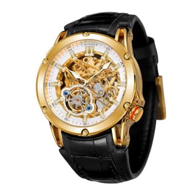 Imagem de WENFVVIN Novo relógio automático masculino com mostrador grande, poderoso relógio de pulso esqueleto exótico Tourbillon, Ouro 2