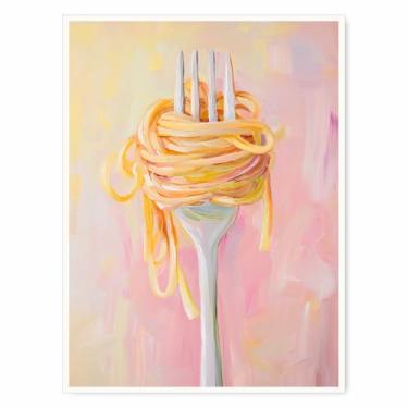 Imagem de Arte de parede com garfo espaguete vibrante, impressão em tela de massa, pôsteres coloridos para decoração de cozinha culinária para sala de jantar, café, restaurante, presente para amantes de comida