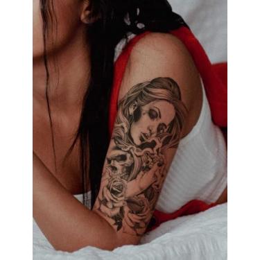 Imagem de Tatuagem de Braçadeira Preta Feminina Americana Crânio Rosa Festa Presente Braço Peito Abdominal Costas Perna Corpo Temporário Impermeável Tatuagem Adesivo Pacote com 1