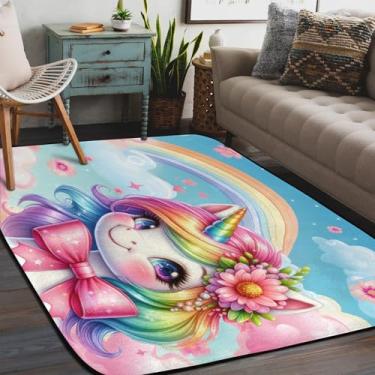Imagem de Tapete de área para sala de estar, lavável à máquina, unicórnio, colorido, antiderrapante, macio, para sala de estar, quarto, sala de jantar, berçário, cozinha, decoração de casa