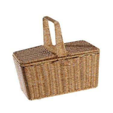 Imagem de Generic Double Cover Picnic Horning Basket Shopping Storage Basket Brown Rústico para sala de estar versátil portátil 39x26x35cm, Cantos Arredondados