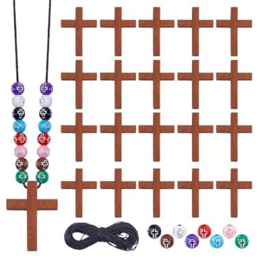Imagem de DICOSMETIC Colar com pingente de cruz de madeira para artesanato religioso DIY, incluindo 320 peças, 8 cores, contas de acrílico, 20 peças, pingentes de cruz de madeira e fios de algodão encerado de