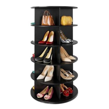 Imagem de SPXMQSS Sapateira giratória de madeira, organizador de sapatos giratório de 5/6/7 níveis, torre de sapato, 360°, fácil de montar para entrada, serve para 20 a 28 pares de sapatos pretos 5 níveis 59 x