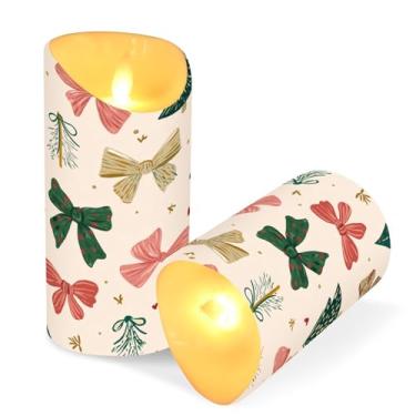 Imagem de Blueangle Pacote com 2 árvores de Natal com laços, velas sem chamas com controle remoto e temporizador, velas LED cintilantes (7,6 cm x 9,9 cm) para decoração de casa, casamento, acampamento (884)