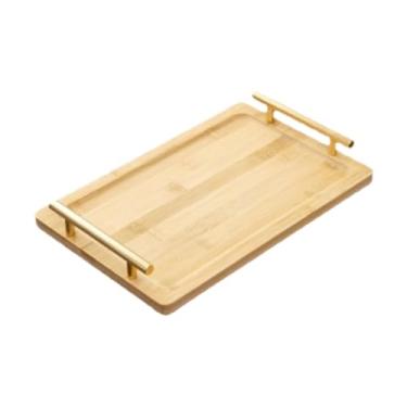 Imagem de ＫＬＫＣＭＳ Bandeja retangular de madeira para servir petiscos com alças de metal, ideal para decoração de mesas de centro, jantares e sobremesas, M