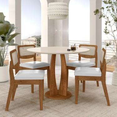 Imagem de Mesa Redonda Camogli 4 Cadeiras Sextavadas Freijó/off/corino Bco - M.a Freijó/off Premium/corino Bran