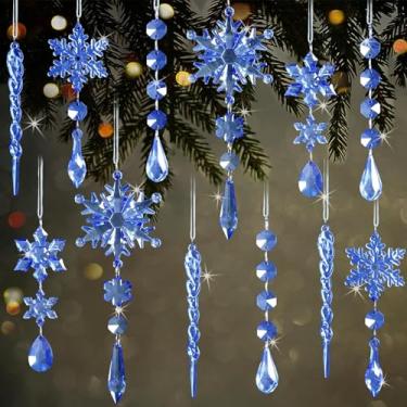 Imagem de 9 peças de enfeites de Natal azuis para pendurar em floco de neve - enfeites de gelo de floco de neve de cristal acrílico com pingentes de gota para decoração de lustre do país das maravilhas de