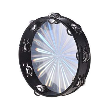 Imagem de Tambor de mão madeira 10 polegadas com cascabelas em fileira reflexivo radiante sino instrumento percussão musical