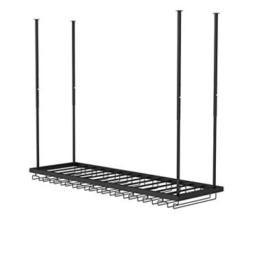 Imagem de Rack de vinho suspenso no teto, unidade de barra de altura ajustável, prateleiras flutuantes para cozinha, suporte de copo de vinho, suporte para garrafa de vinho e organizador de copos de vidro