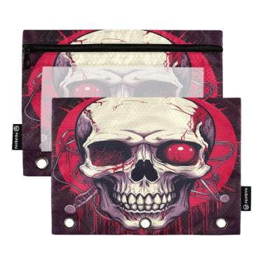 Imagem de Wassud Bolsa de lápis para fichário de 3 anéis, bolsa transparente com zíper liso, olhos vermelhos, caveira, estojo para fichário, pacote com 2