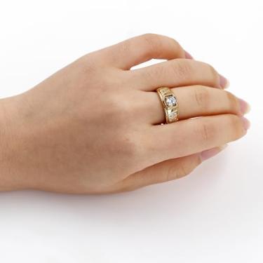 Imagem de Anel solitário de banda larga para homens ou mulheres - anel unissex de noivado e noivado com zircônia cúbica para marido ou esposa, presente de aniversário de aniversário YC6552, Latão Zircônia