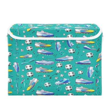 Imagem de Burbuja Chuteiras de futebol em caixa de armazenamento azul-petróleo com tampa e alças, caixa de armazenamento grande dobrável para prateleiras armário quarto escritório organização
