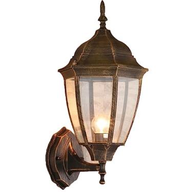 Imagem de Luminária de parede externa preta com lanterna, resistente às intempéries (IP44), estilo tradicional, em vidro, para pátio, jardim, varanda ou entrada.