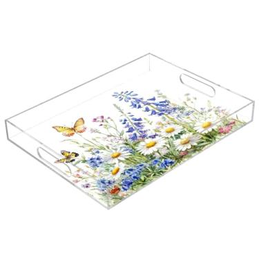 Imagem de STAYTOP Linda bandeja de acrílico para servir flores silvestres em aquarela 15,7 × 11,20 cm, bandejas decorativas à prova de derramamento, organizador de bancada para café da manhã, chá, comida