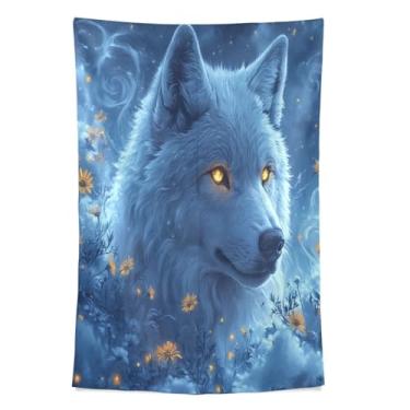 Imagem de STAYTOP Tapeçaria de lobo branco com olhos brilhantes tapeçarias de parede para decoração de casa dormitório sala de estar quarto tapete de parede (60 × 51 polegadas)