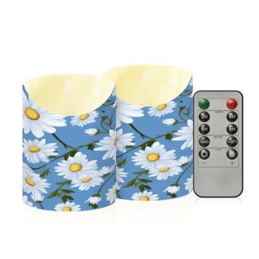 Imagem de Wassud Pacote com 2 velas sem chama com padrão de margarida branca com controle remoto, velas realistas cintilantes com temporizador, velas decorativas para Natal, casamento, festa, decoração de casa