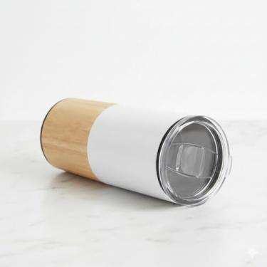 Imagem de Copo Térmico Inox 550ml Parede Dupla com Detalhe em Bambu – Mantém Bebida Quente ou Gelada – Tampa Antivazamento – Opções Preto/Branco/Prata – Uso no Trabalho, Carro e Lazer (Branca)