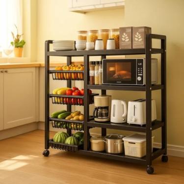 Imagem de Organizador Multiuso com Fruteira Suporte Micro-ondas Com Rodinhas Resistente e Robusto