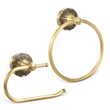 Imagem de Otoolling Conjunto de 2 peças de latão antigo suporte de papel higiênico retrô latão anel de toalha de mão rolo de papel cabide de papel de banheiro acessórios de banheiro vintage montados na parede