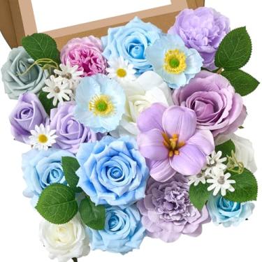 Imagem de Serwalin Flores artificiais azuis e roxas flores de seda falsas para casamento, buquê de noiva, bolo, flores, centros de mesa, decorações de casa, chás de bebê, arranjos florais