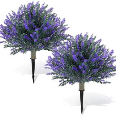 Imagem de Yunlly Pacote com 2 árvores de topiária de lavanda artificial com ponta resistente a UV, arbustos falsos, plantas falsas, vegetação, lavanda artificial, arbusto de flor de lavanda para varanda interna