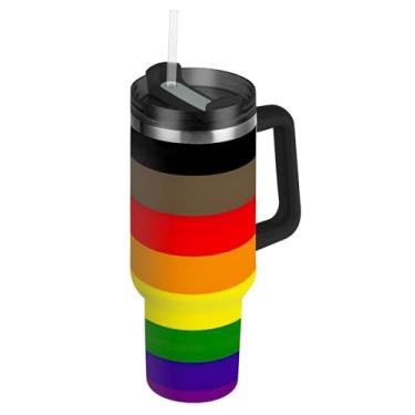 Imagem de Joisal Copos de aço inoxidável com tampas e canudo Bandeira do Orgulho da Filadélfia Lgbt Community Flat Cars Copo de café rosa 1,134 g Copo com alça Garrafas de água isoladas