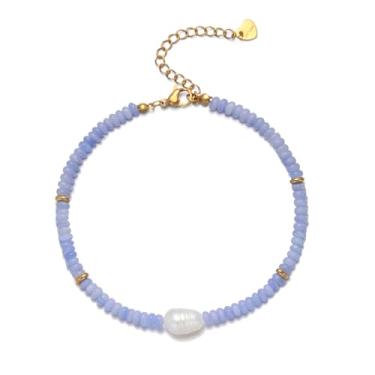 Imagem de JURYLOO Pulseiras femininas com contas de pedras naturais, pérolas de água doce, banhado a ouro 14 K, joia para presente, one size fits all, Pedra