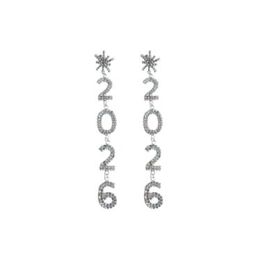 Imagem de Brincos femininos pendentes de cristal 2026 com letras de fogos de artifício de ano novo 2026 para festa de dança presentes, 3 cm, Zinco, Sem pedra preciosa